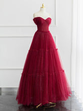 Elegant Off-Shoulder Tulle A-Line Prom Gown: Shiny Burgundy Long Formal Dress